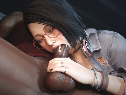 Jeune fille japonaise à lunettes qui fait une fellation humide à un grand gaillard