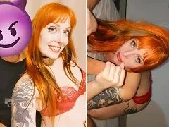 Rousse coquine qui fait une délicieuse pipe à son client