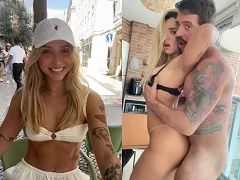 Vidéo porno maison avec une blonde plantureuse de Santos qui se laisse baiser sur la table par l’ami de son mari